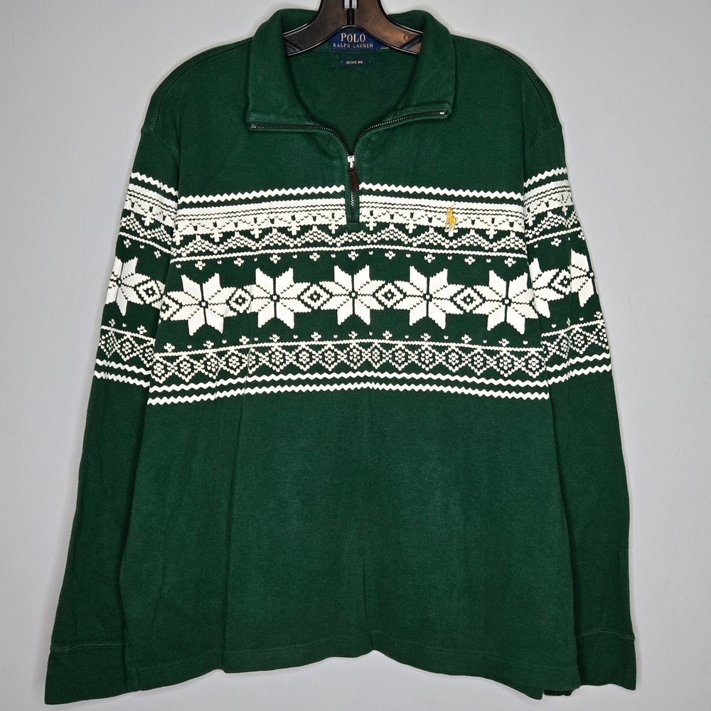 Polo Ralph Lauren Green Fair Isle 1/4 Zip Sweater Gold Pony Nordic Ski Lodge L